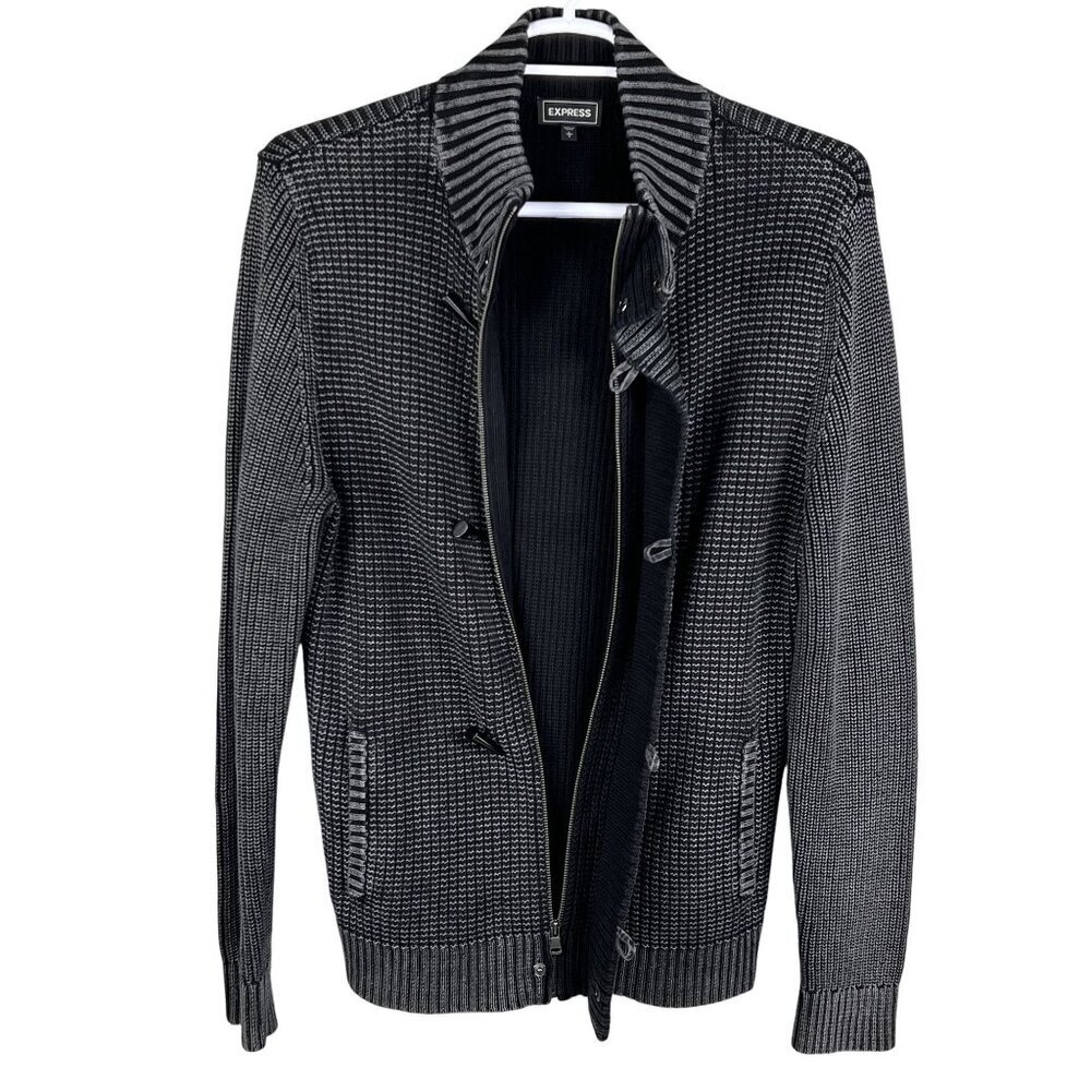 Vintage Express Mens L Black Gray Ribbed Knit Jacket Heavyweight Sweater Preppy